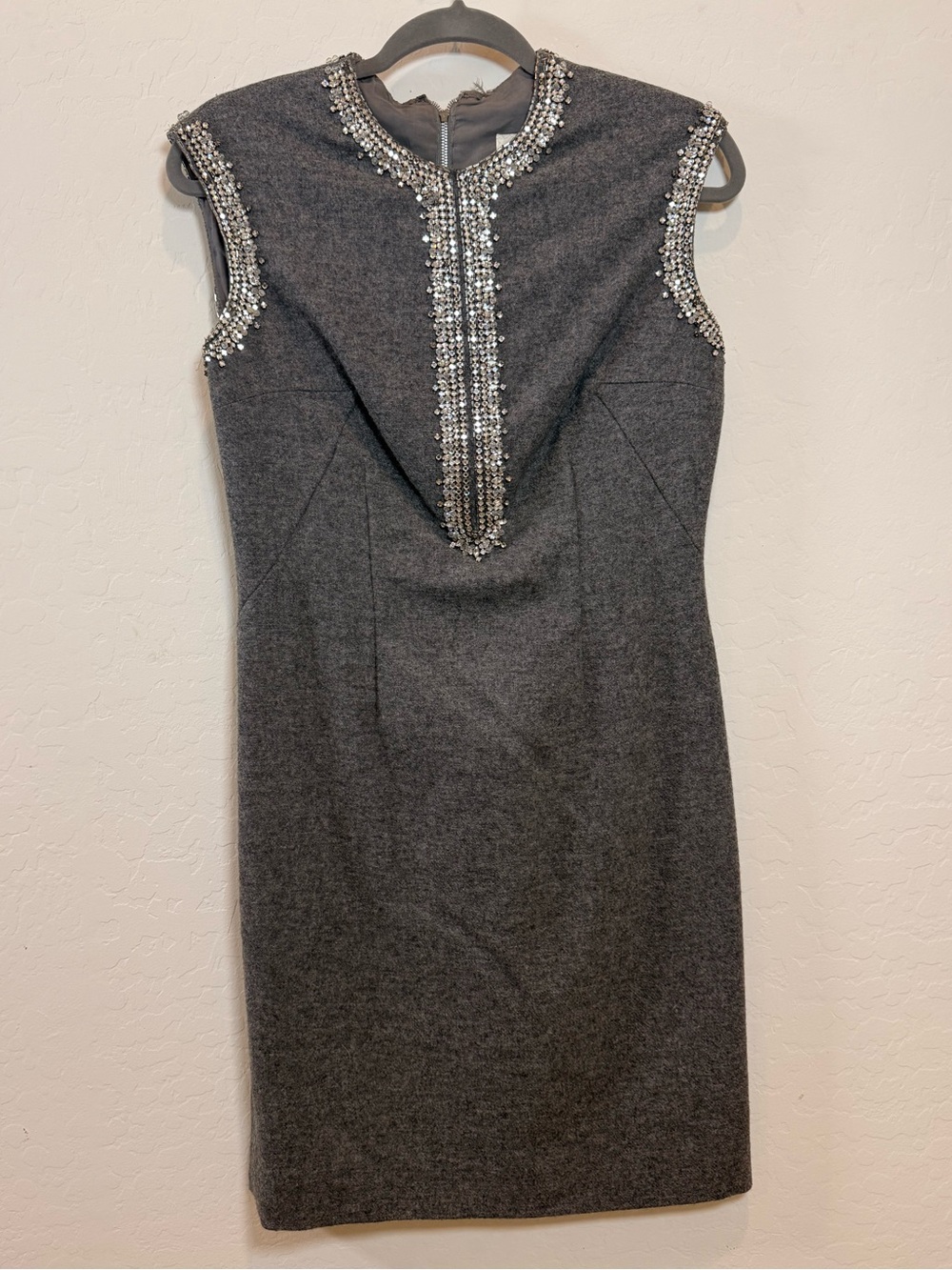 Vintage Montaldos Embellished Gray Wool-Blend Vest with Crystal Trim